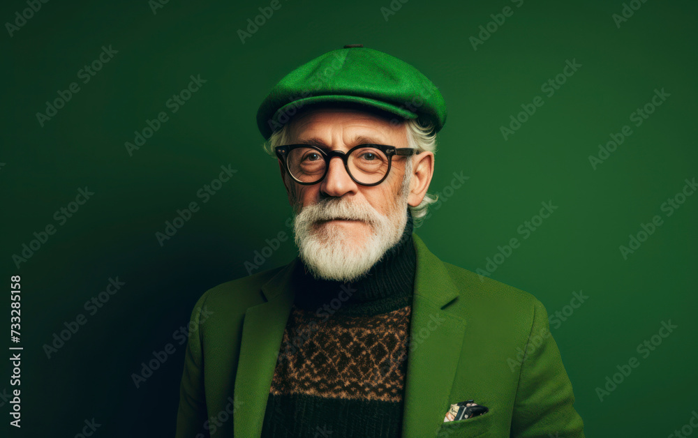 Senior man with long white beard wearing eyeglasses and hat standing against green background