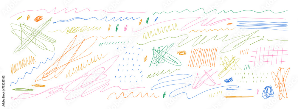 Colorful tangle thin curved lines and squiggles with simple doodle patterns. Hand drawn vector pen lines.