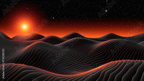 a computer generated image of a desert landscape with a bright sun in the distance and stars in the night sky.