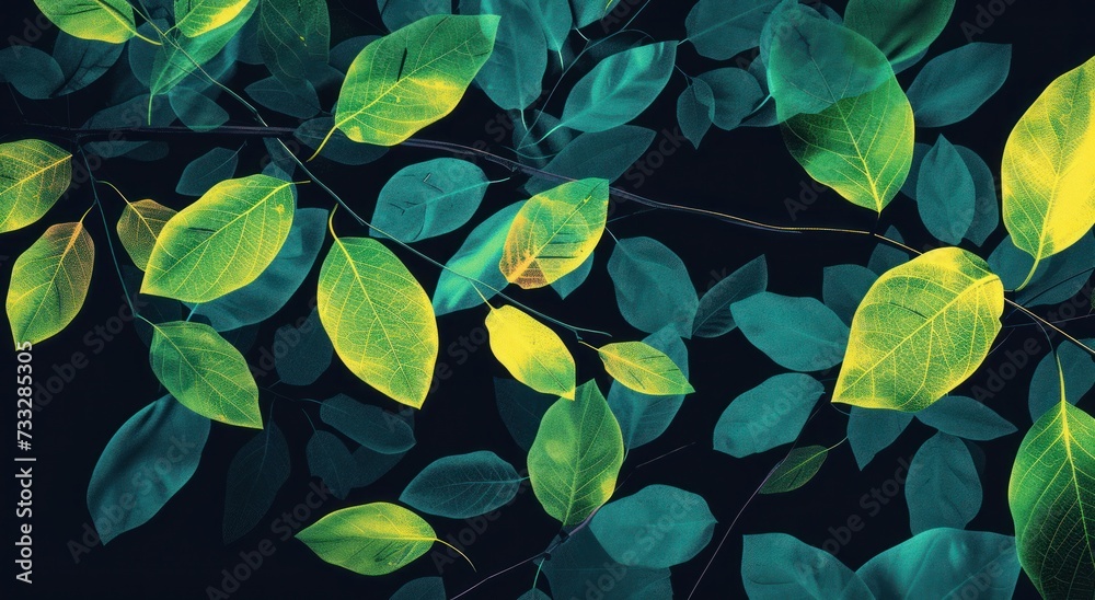 a bunch of green and yellow leaves on a black background with a blue sky in the middle of the image. a bunch of green and yellow leaves on a black background with a blue sky in the middle of the image.