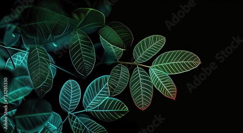 a close up of a green leaf on a black background with a red light in the center of the leaf. photo