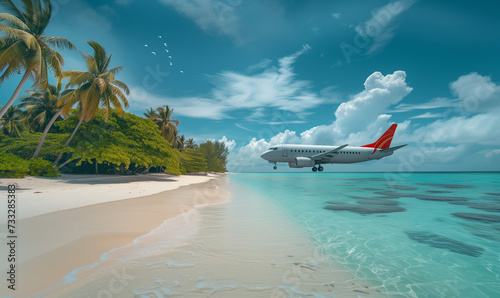 Tropical Escape: Serene Beach Aerial View with Overflying Airplane, Exotic Island Getaway, Turquoise Ocean Paradise, Lush Palm Retreat, Tranquil Holiday Destination, Luxury Travel Adventure in summer