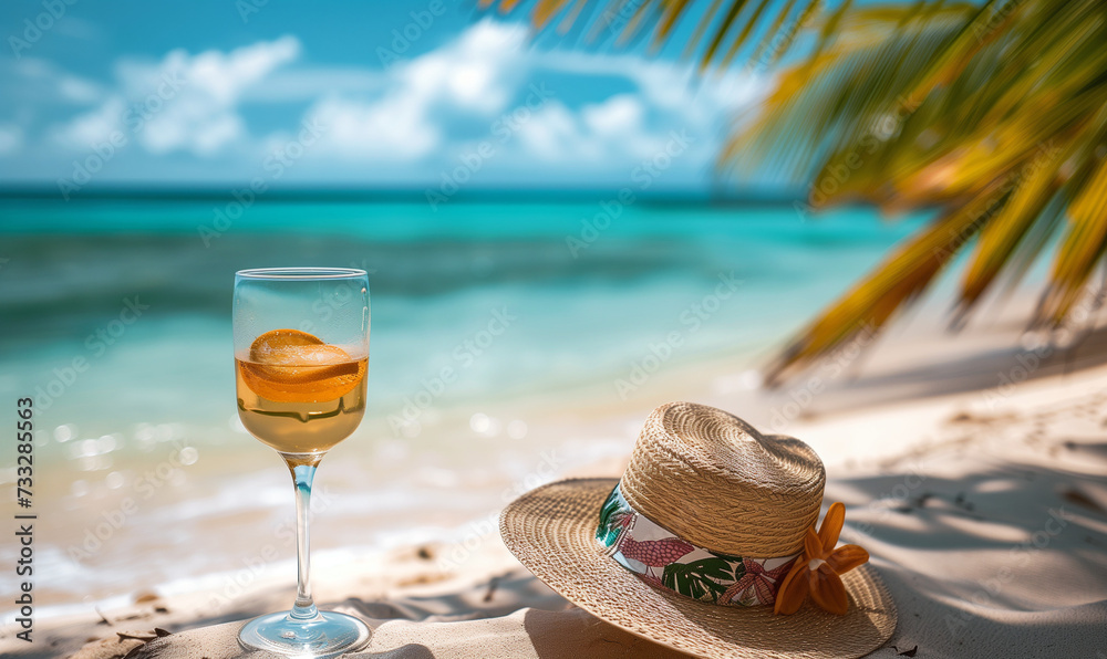 Background of a Luxurious Beach Vacation with Refreshing Drink and Fashionable Hat - Ideal Tropical Getaway Setting for Relaxation and Indulgence in Paradise Background of a Luxurious Beach Vacation with Refreshing Drink and Fashionable Hat - Ideal Tropical Getaway Setting for Relaxation and Indulgence in Paradise