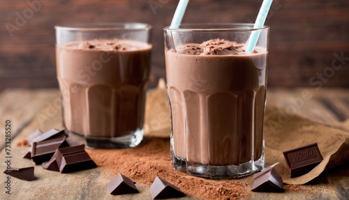 Two glasses of chocolate milkshake on a table