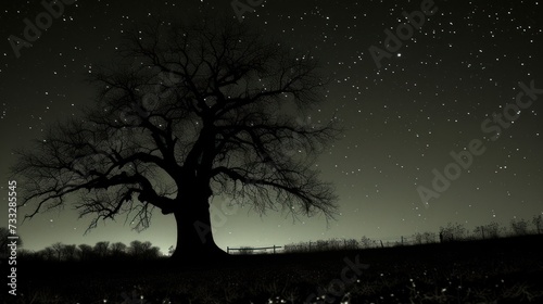 a black and white photo of a tree in a field with stars in the night sky above it and a fence in the foreground. © Jevjenijs