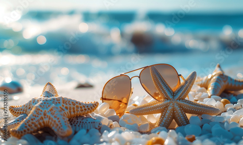 Glistening Summer Bliss - Fashionable Sunglasses and Starfish on a Shimmering Seashore, the Quintessence of Tropical Beach Holidays © augenperspektive