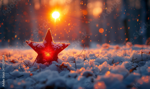 red star in the night, Christmas in the snow background