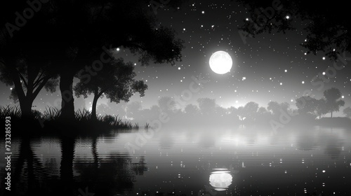 a black and white photo of a lake at night with the moon in the sky and stars in the sky.