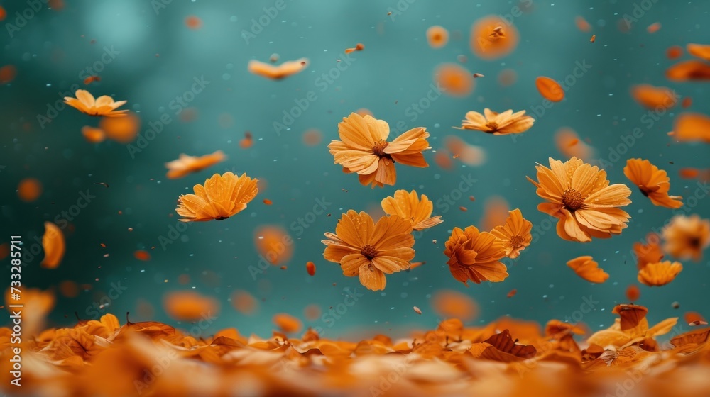 a group of yellow flowers floating on top of a body of water next to a forest filled with orange leaves.