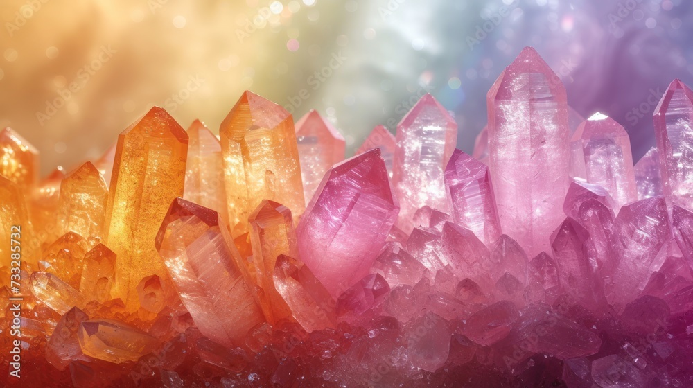 a group of crystals sitting next to each other on top of a purple and yellow field of grass with a sky in the background. a group of crystals sitting next to each other on top of a purple and yellow field of grass with a sky in the background.