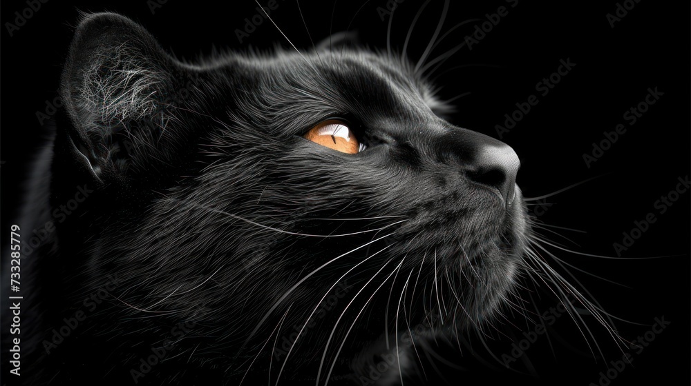 a close up of a black cat's face with an orange light in the middle of it's eye. a close up of a black cat's face with an orange light in the middle of it's eye.