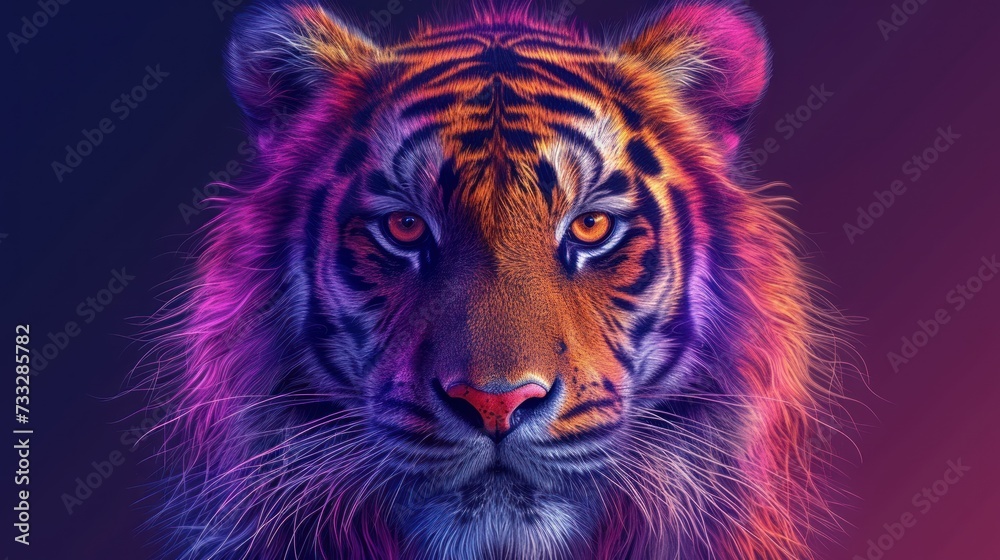 a close up of a tiger's face with a purple and red light coming from it's eyes.
