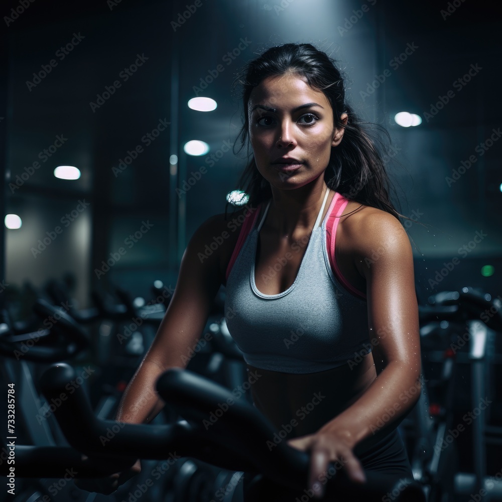 a Spinning Class Participant Radiating Energy and Enthusiasm While Riding Hard on a Stationary Bike a Spinning Class Participant Radiating Energy and Enthusiasm While Riding Hard on a Stationary Bike