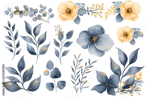 Watercolor design elements blue and gold flowers, leaves, eucalyptus, branches set for wedding