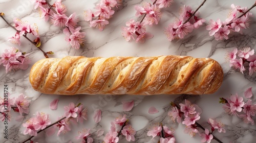 a long loaf of bread sitting on top of a marble counter top next to pink flowered branches of a tree. photo