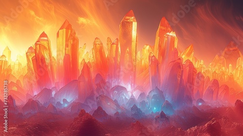 a digital painting of a sci - fi landscape with mountains and skyscrapers in red, orange, and blue. photo