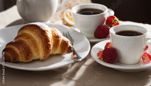 A croissant and two cups of coffee with raspberries