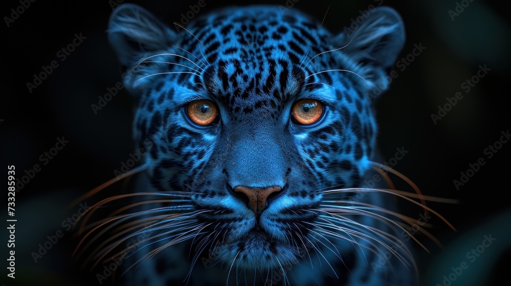 a close - up of a blue leopard's face with orange eyes and a black background with a blurry background. a close - up of a blue leopard's face with orange eyes and a black background with a blurry background.