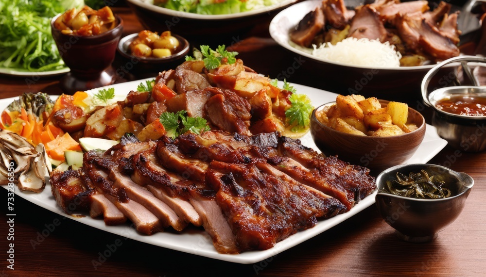 A table full of food including meat, rice, and vegetables A table full of food including meat, rice, and vegetables