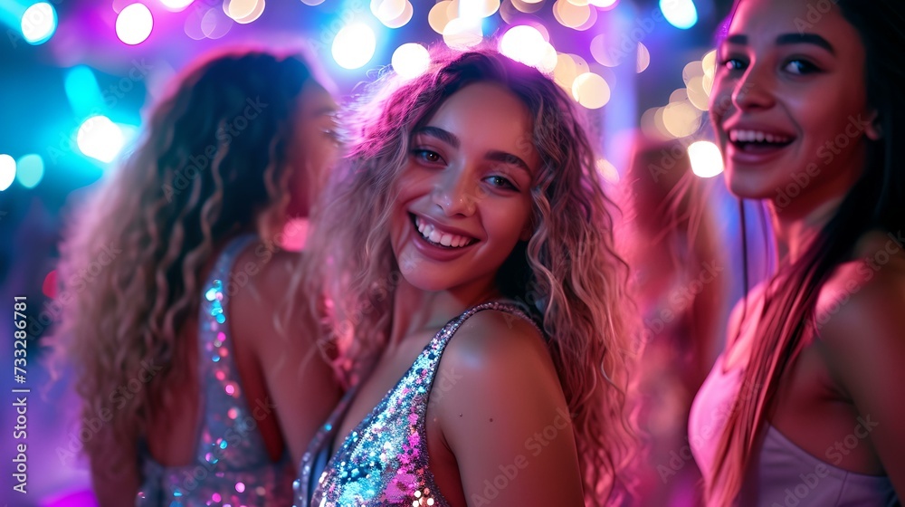 Young women enjoying a festive night out with bright lights. glittery fashion, celebration theme. perfect for party season promotions. AI