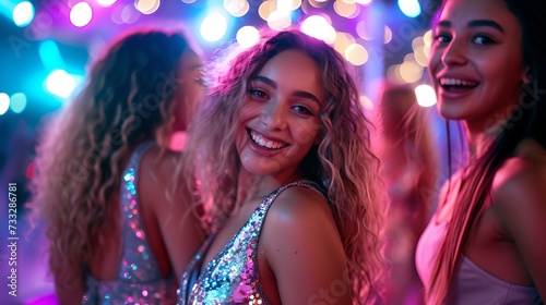 Young women enjoying a festive night out with bright lights. glittery fashion, celebration theme. perfect for party season promotions. AI