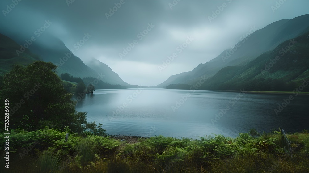 Serene lake landscape on a foggy day, perfect for wall art and background usage. tranquil nature scenery with misty mountains. AI