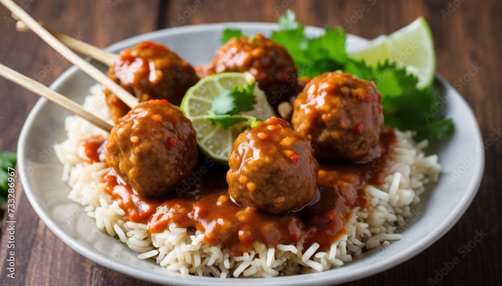 A plate of meatballs with sauce and lime wedges