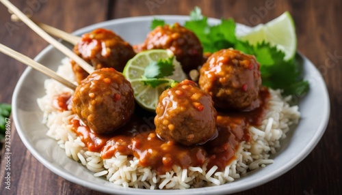 A plate of meatballs with sauce and lime wedges