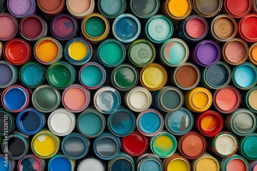 Array of Colorful Paint Cans Viewed From Above in Artistic Supply Store