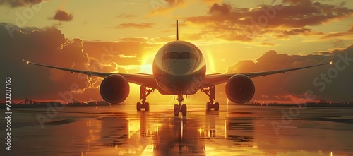 Commercial airplane on runway during a vibrant sunset. travel and aviation. a warm golden hour light bathes the aircraft. front view. AI