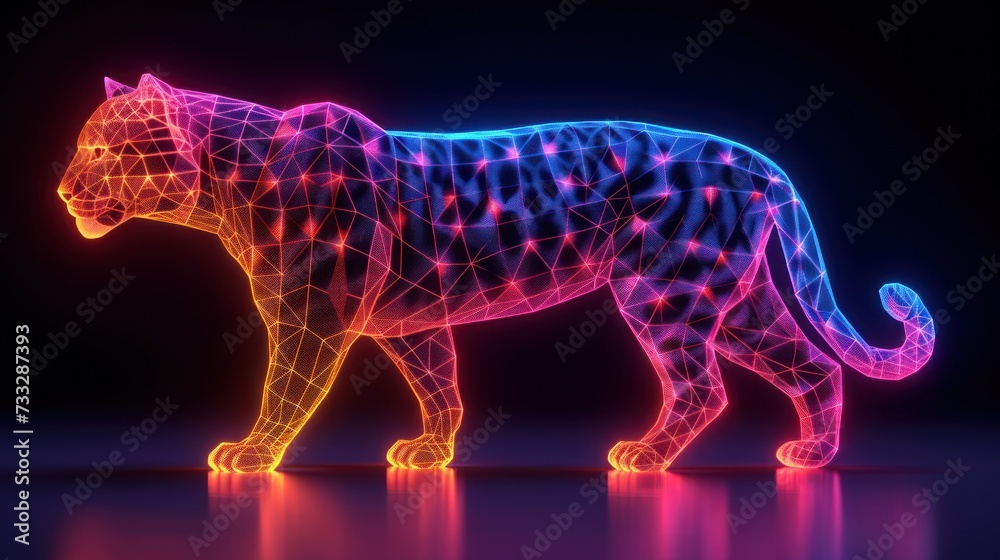 a 3d image of a neon tiger on a black background with a reflection of it's body in the water.