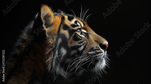 a close - up of a tiger's face on a black background with the light coming through its eyes. © Jevjenijs