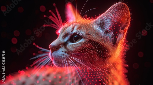 a close up of a cat's face on a black background with red and pink lights in the background. © Jevjenijs