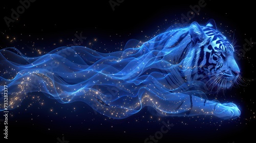 a white tiger laying down on top of a wave of blue water with stars in the sky behind it on a black background.