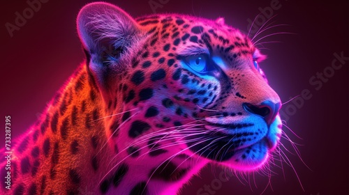 a close up of a cheetah's face with a red and blue light shining on its face.