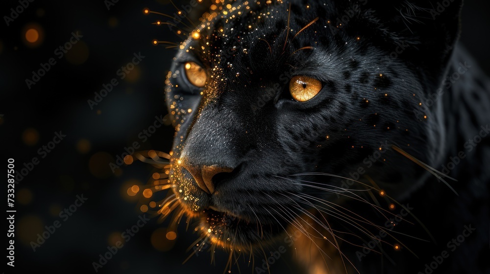 a close up of a black cat's face with yellow eyes and gold sparkles on it's fur.