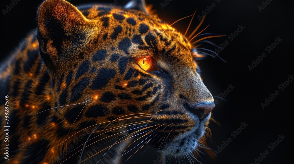 a close up of a leopard's face with bright lights on it's face and a black background. a close up of a leopard's face with bright lights on it's face and a black background.