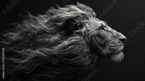 a black and white photo of a lion's head with its eyes closed and hair blowing in the wind.