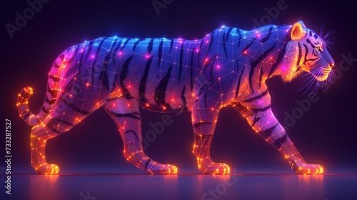 a computer generated image of a tiger with colorful lights on it's face and tail, on a dark background. © Jevjenijs