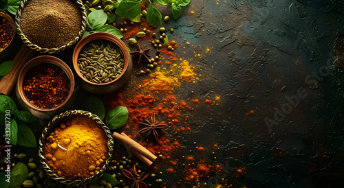 Colourful various herbs and spices for cooking on dark background. Indian cuisine. Pepper, salt, paprika, basil, turmeric