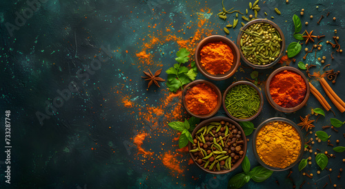 Colourful various herbs and spices for cooking on dark background. Indian cuisine. Pepper  salt  paprika  basil  turmeric
