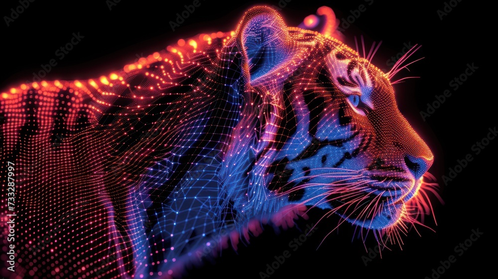 a close up of a tiger's face on a black background with red and blue lights in the background.