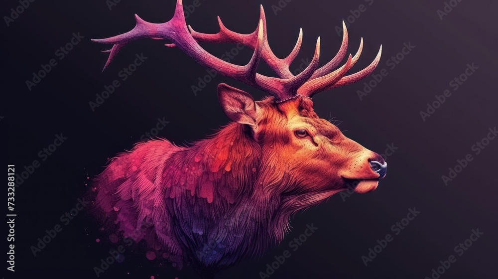 a close up of a deer's head with very large antlers on it's head, against a dark background.