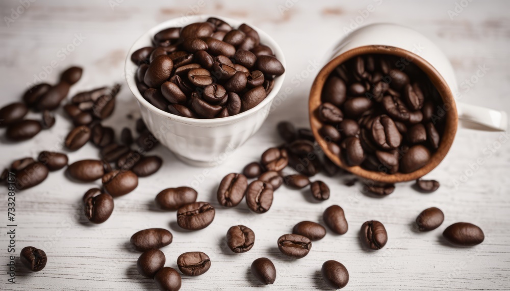 A cup and a bowl of coffee beans A cup and a bowl of coffee beans