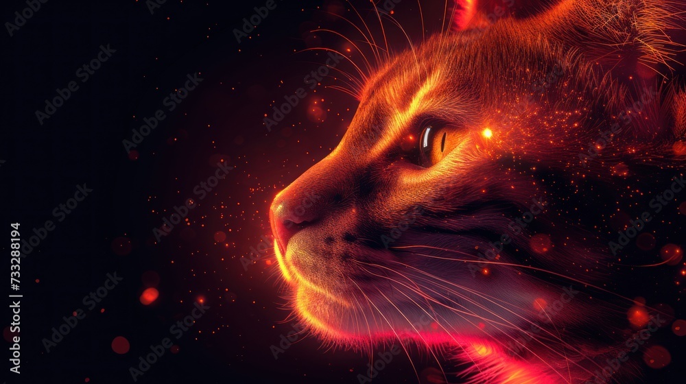 a close up of a cat's face on a black background with red and yellow light coming from its eyes. a close up of a cat's face on a black background with red and yellow light coming from its eyes.