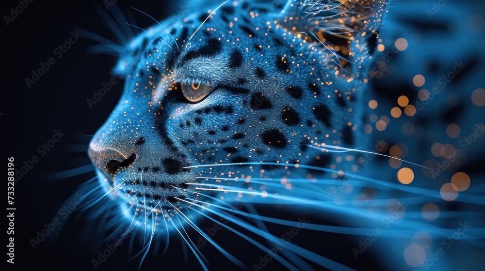 a close up of a leopard's face with blue and yellow lights on it's face and a black background.