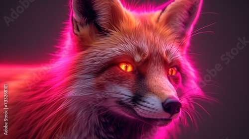 a close up of a red fox's face with glowing orange eyes and a red glow on it's eyes.