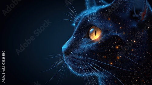 a close up of a cat's face on a dark background with stars and a glowing orange glowing eye.