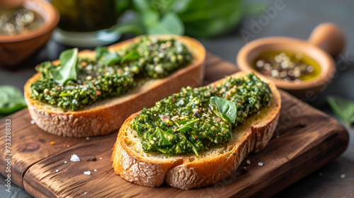 Crusty bread slices topped with fresh pesto and basil leaves, on a wooden serving board