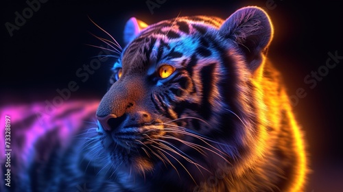 a close up of a tiger s face with a purple and yellow light shining on it s face.